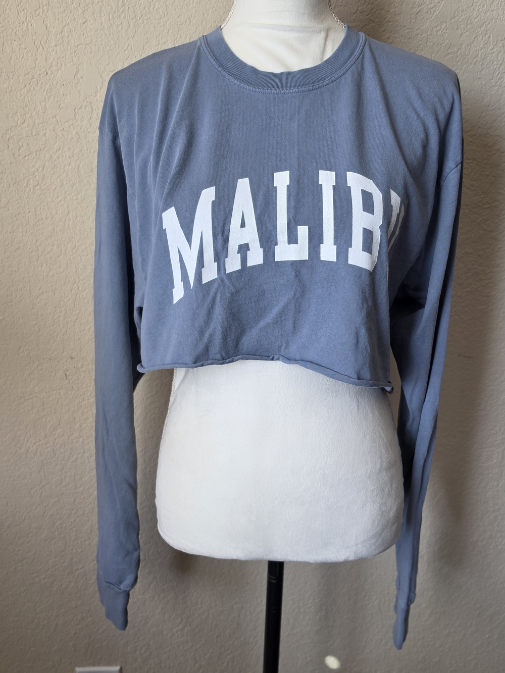 John Galt Malibu Graphic Raw Hem Cropped Long Sleeve Blue OS